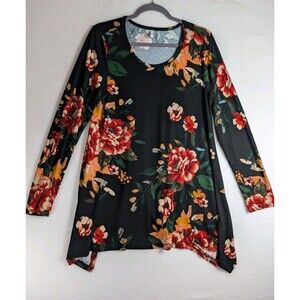 Popyoung Womens tunic top Size Large Black With Floral Design Long Sleeves